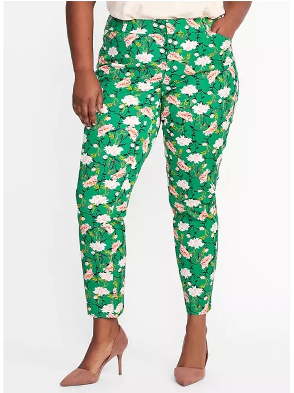 Old Navy Pixie Mid-Rise Green Floral Tapered Leg, Size 2 VERY GOOD CONDITION